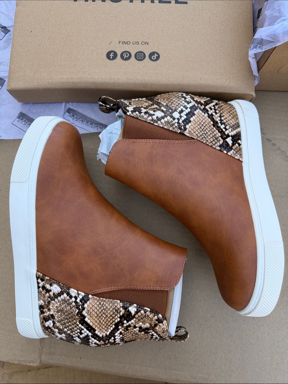 Women's Brown Wedge Rain Boots with Snake-Print Accent